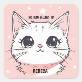 Niedliche weiße Katze Pink Stars Quadratischer Aufkleber