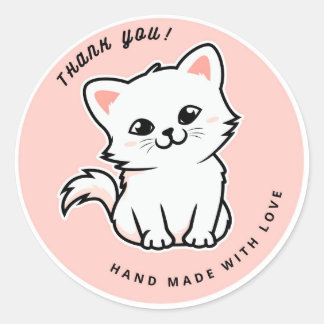 Niedliche weiße Katze Rosa Handmade mit Liebe Dank Runder Aufkleber