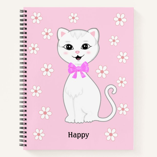 Niedliche weiße Katze und Blume auf hellrosa Notizbuch (Vorderseite)