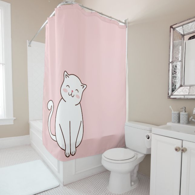 Niedliche weiße Kawaii Lächelnde Katze auf Rosa Duschvorhang (Beispiel)