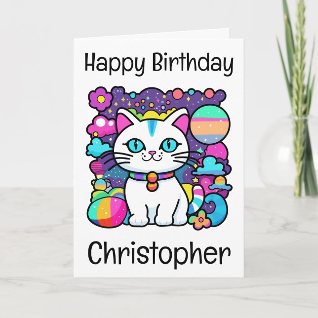 Niedliche weiße kosmische Weltraumkatze Geburtstag Karte (Vorderseite)