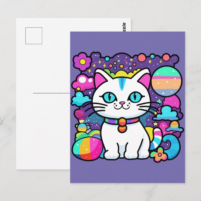 Niedliche weiße kosmische Weltraumkatze Postkarte (Vorne/Hinten)