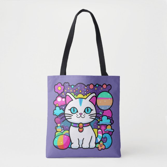 Niedliche weiße kosmische Weltraumkatze Tasche (Vorderseite)