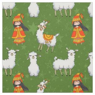 Niedliche weiße Lamas und peruanische Mädchen Stoff
