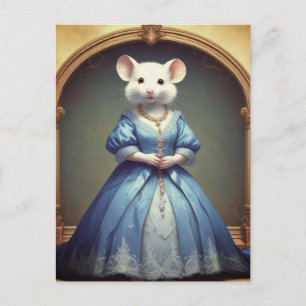 Niedliche weiße Maus trägt blaues Kleid Postkarte