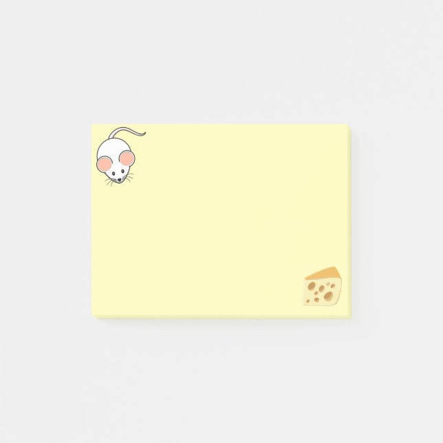 Niedliche weiße Maus und Käse auf gelb Post-it Klebezettel (Vorderseite)