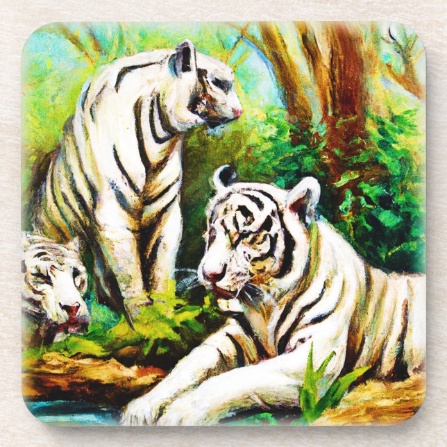 Niedliche weiße Tiger im Dschungel. Jetzt kaufen Getränkeuntersetzer (Vorderseite)