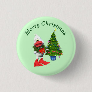 Niedliche weiße Weihnachtsente mit einem Kranz Button