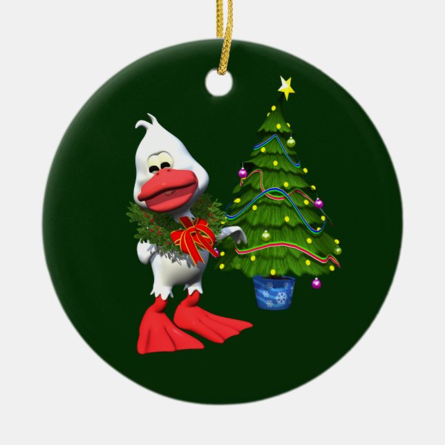 Niedliche weiße Weihnachtsente mit einem Kranz Keramikornament (Vorne)