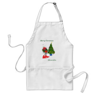 Niedliche weiße Weihnachtsente mit einem Kranz Schürze