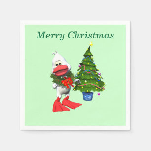 Niedliche weiße Weihnachtsente mit einem Kranz Serviette
