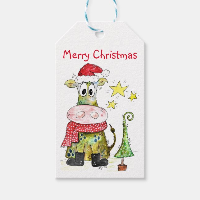 Niedliche weiße Weihnachtskuh Geschenkanhänger (Vorderseite)