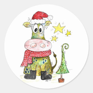 Niedliche weiße Weihnachtskuh Runder Aufkleber