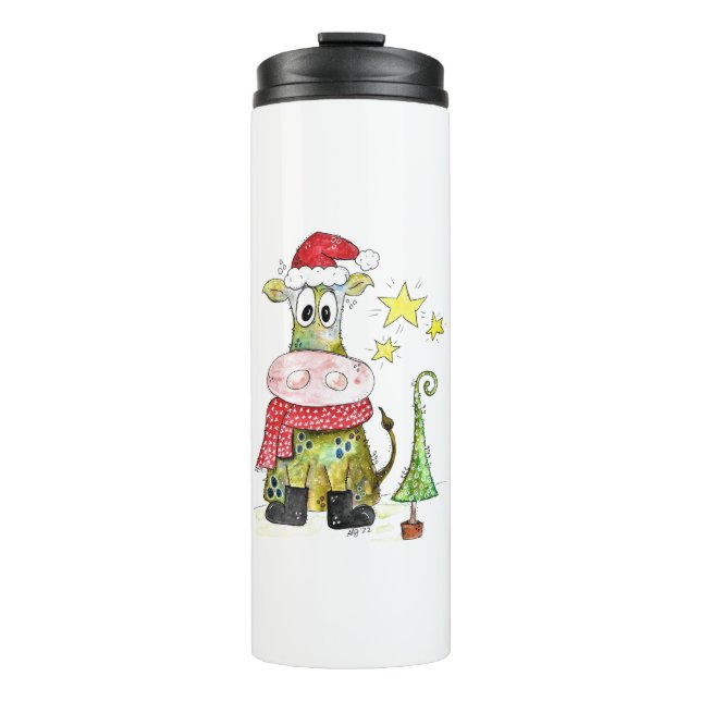 Niedliche weiße Weihnachtskuh Thermosbecher (Vorderseite)