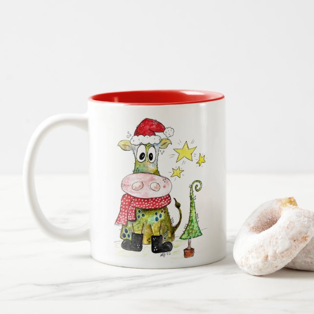 Niedliche weiße Weihnachtskuh Zweifarbige Tasse (Mit Donut)