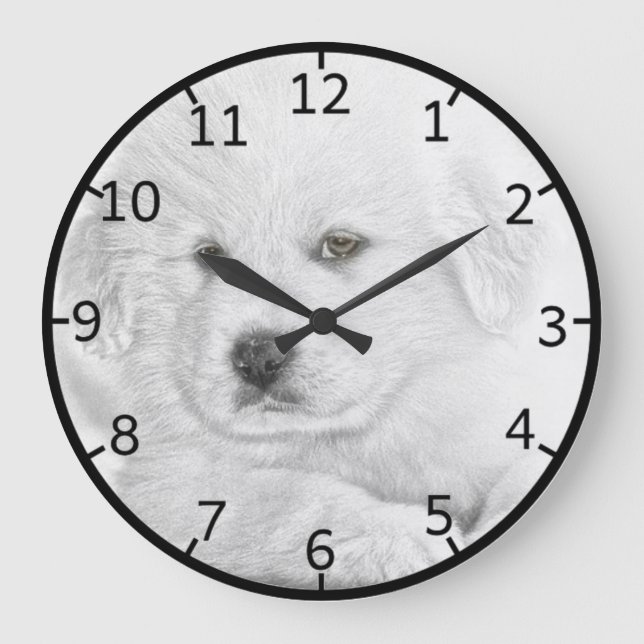 Niedliche Weiße Welpe Große Wanduhr (Vorderseite)