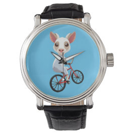 Niedliche, weiße Ziege auf dem Fahrrad Armbanduhr