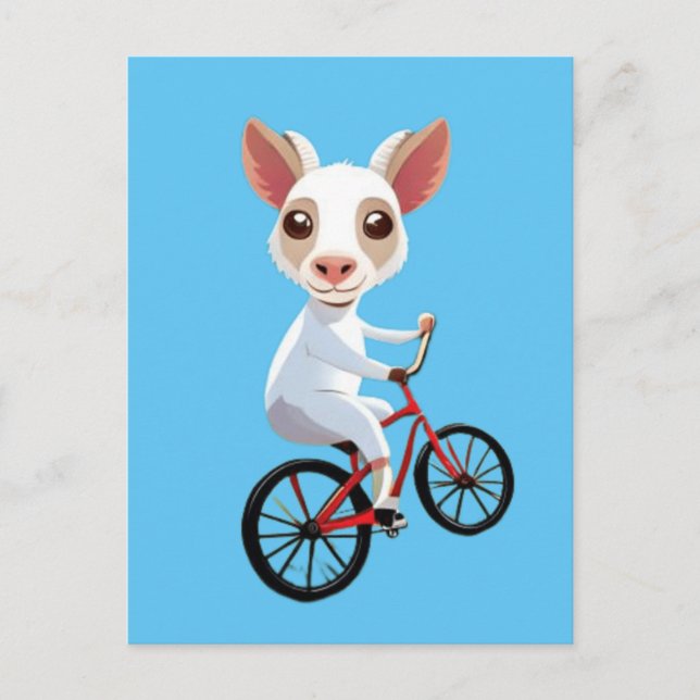 Niedliche, weiße Ziege auf dem Fahrrad Postkarte (Vorderseite)
