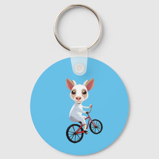 Niedliche, weiße Ziege auf dem Fahrrad Schlüsselanhänger (Vorderseite)