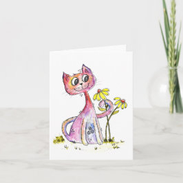 Niedliche weißfarbige rosa Katze mit gelben Blumen Karte