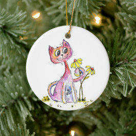 Niedliche weißfarbige rosa Katze mit gelben Blumen Keramik Ornament