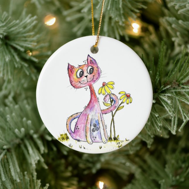 Niedliche weißfarbige rosa Katze mit gelben Blumen Keramik Ornament (Baum)