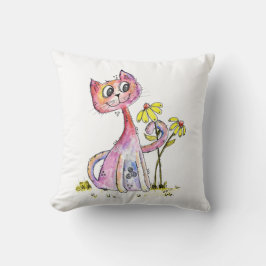 Niedliche weißfarbige rosa Katze mit gelben Blumen Kissen