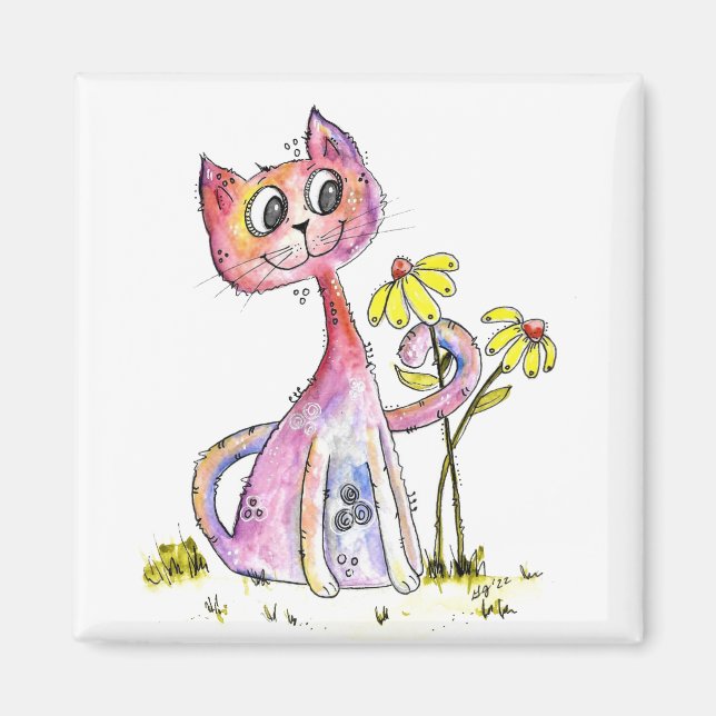 Niedliche weißfarbige rosa Katze mit gelben Blumen Magnet (Vorne)