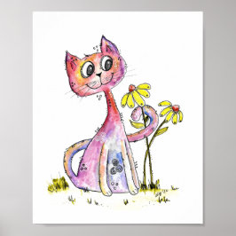 Niedliche weißfarbige rosa Katze mit gelben Blumen Poster