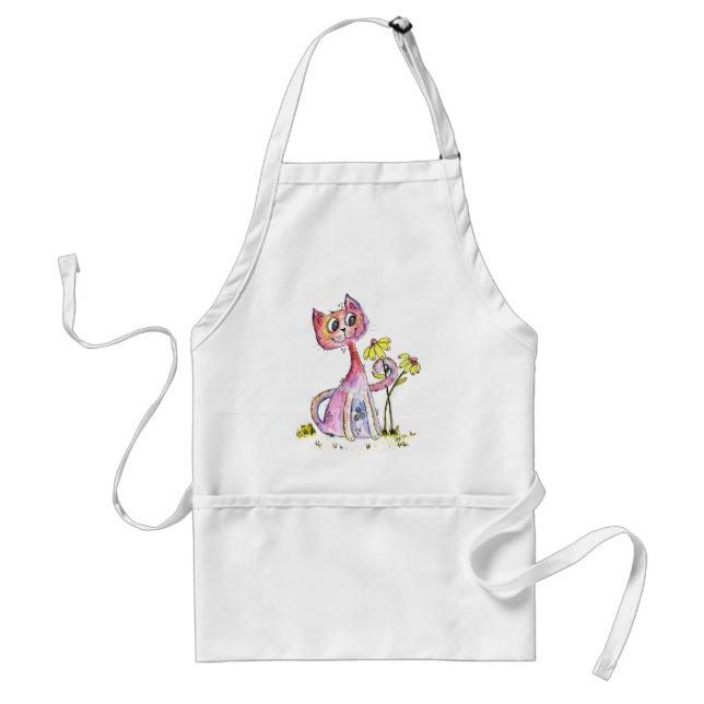 Niedliche weißfarbige rosa Katze mit gelben Blumen Schürze (Vorne)