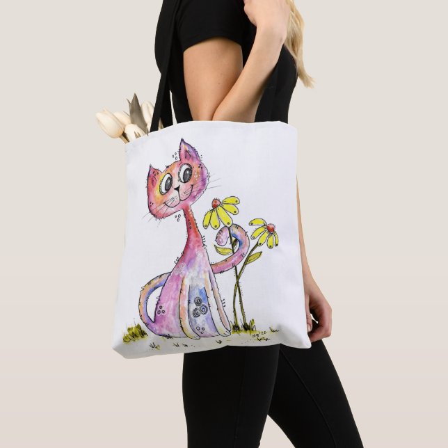 Niedliche weißfarbige rosa Katze mit gelben Blumen Tasche (Von Nahem)