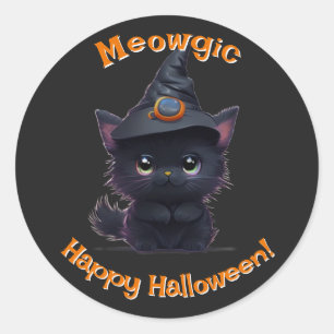 Niedliche, weißliche Halloween-Zauberkatze Runder Aufkleber