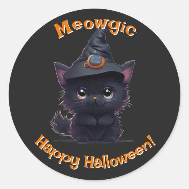Niedliche, weißliche Halloween-Zauberkatze Runder Aufkleber (Vorderseite)