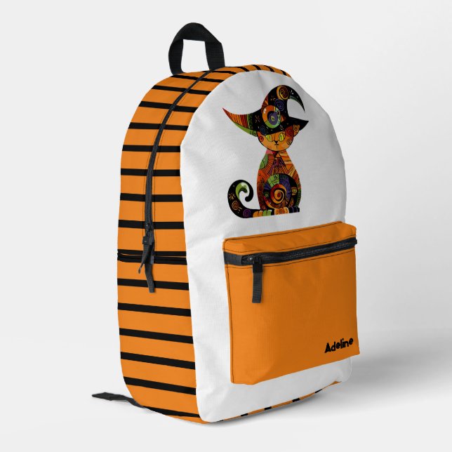 Niedliche/weißliche Halloweenkatze Bedruckter Rucksack (Rückseitige Ecke links)