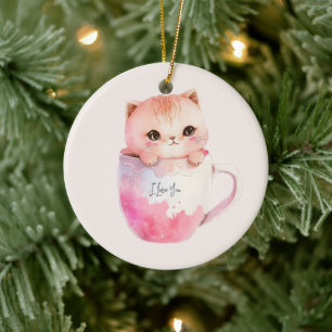 Niedliche weißrosa Katze im Tea Cup (2) Keramik Ornament
