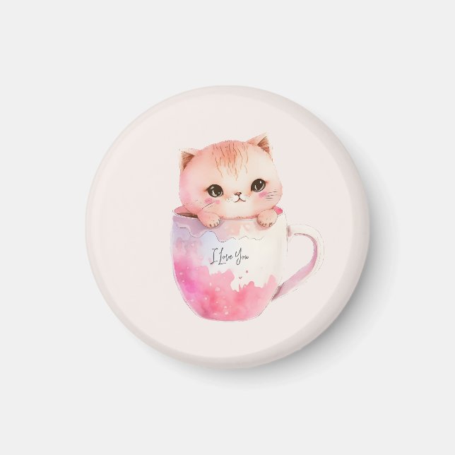 Niedliche weißrosa Katze im Tea Cup (2) Magnet (Vorne)