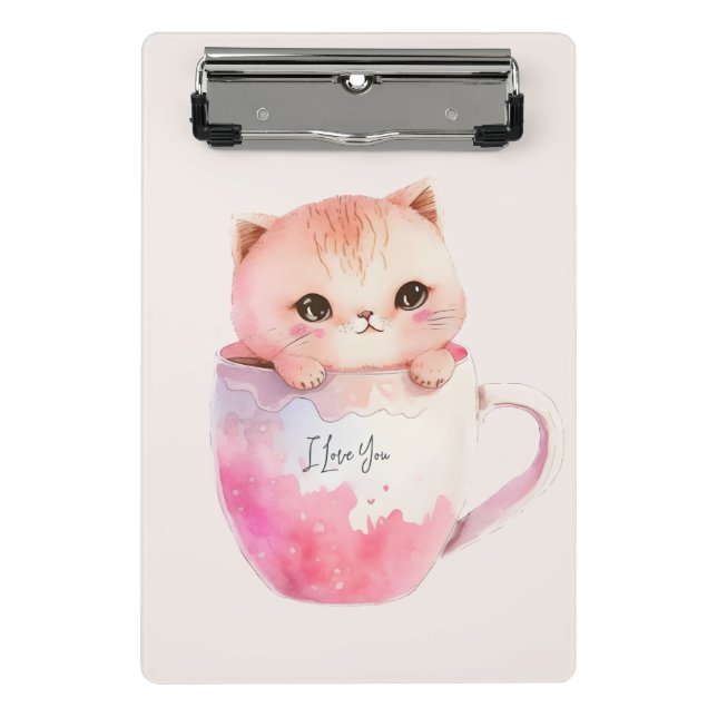 Niedliche weißrosa Katze im Tea Cup (2) Mini Klemmbrett (Vorderseite)