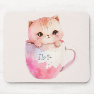 Niedliche weißrosa Katze im Tea Cup (2) Mousepad