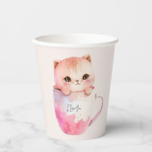 Niedliche weißrosa Katze im Tea Cup (2) Pappbecher