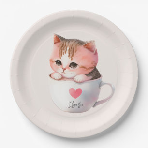 Niedliche weißrosa Katze im Tea Cup (2) Pappteller