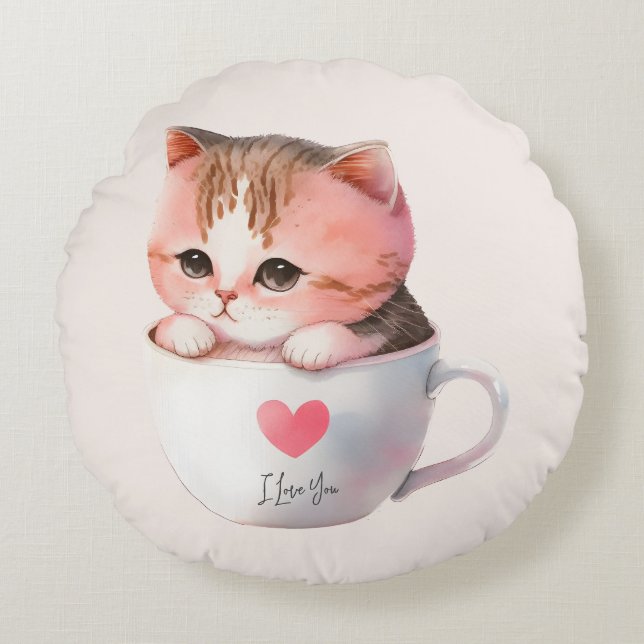 Niedliche weißrosa Katze im Tea Cup (2) Rundes Kissen (Vorderseite)