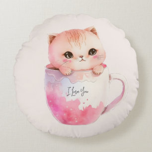 Niedliche weißrosa Katze im Tea Cup (2) Rundes Kissen