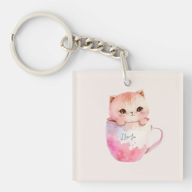 Niedliche weißrosa Katze im Tea Cup (2) Schlüsselanhänger (Vorderseite)