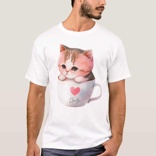 Niedliche weißrosa Katze im Tea Cup (2) T-Shirt (Vorderseite)