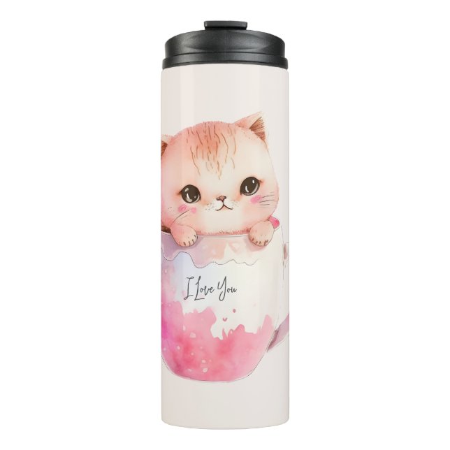 Niedliche weißrosa Katze im Tea Cup (2) Thermosbecher (Vorderseite)