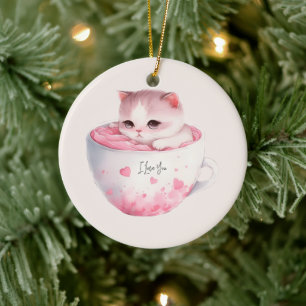 Niedliche weißrosa Katze im Tea Cup (3) Keramik Ornament