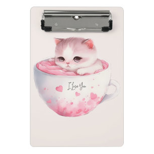 Niedliche weißrosa Katze im Tea Cup (3) Mini Klemmbrett