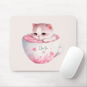 Niedliche weißrosa Katze im Tea Cup (3) Mousepad