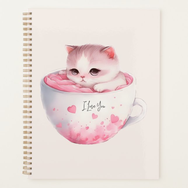 Niedliche weißrosa Katze im Tea Cup (3) Planer (Vorderseite)