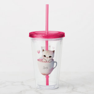 Niedliche weißrosa Katze im Tea Cup (4) Acryltrinkbecher